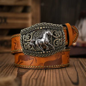 Vintage Western Cowboy Faux Leather Belt with Floral Engraved Buckle