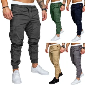 Men's Casual Solid Cargo Trousers with Multi-Pocket Storage
